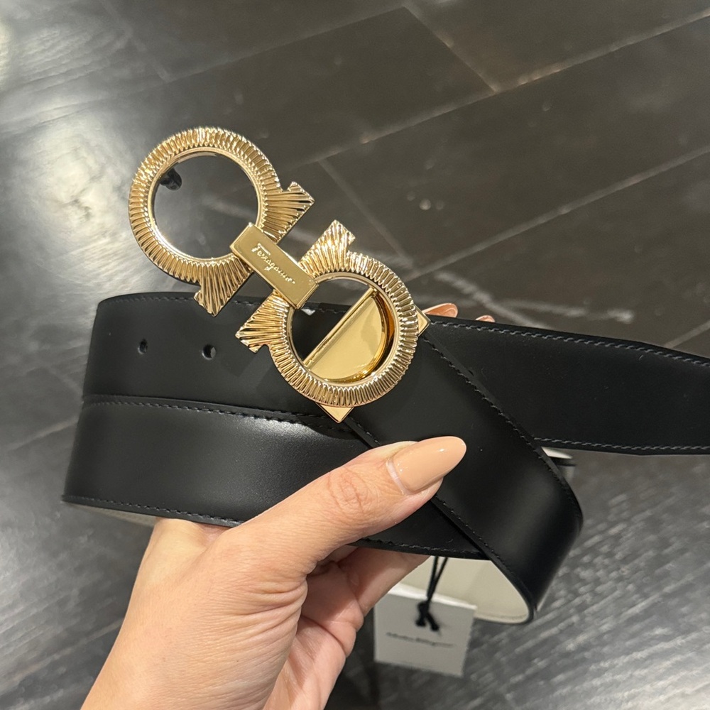 Ferragamo Black Leather Belt with Gold Buckle